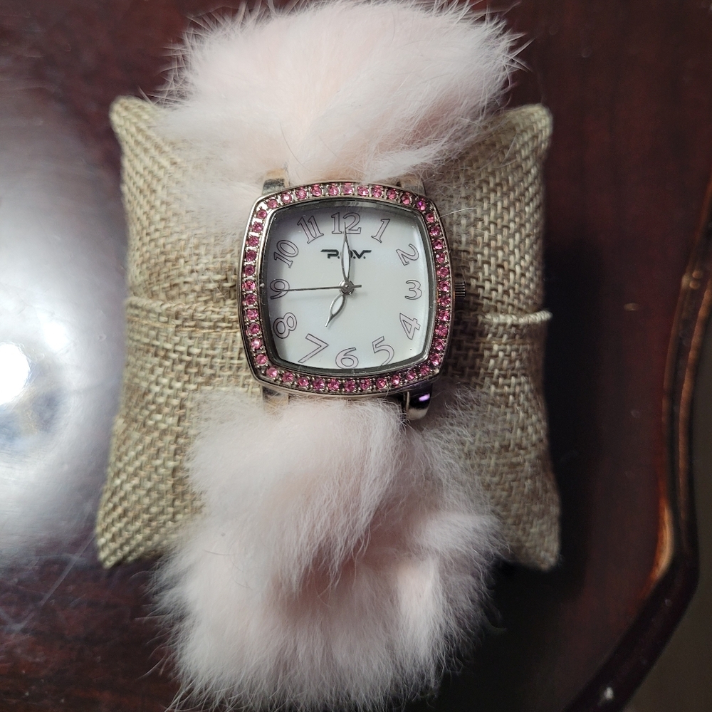Women's P.O.V. Pink fur-trimmed women's watch with a square case and rhinestone